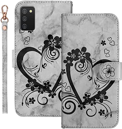 Jeffene Handyhülle für Samsung Galaxy A02s (6.5 Zoll) Hülle,Blume Liebe Herz Muster Marmor PU Leder Tasche Flip Case Cover Etui Brieftasche Schutzhülle Lederhülle Klapphülle-Schwarz von Jeffene