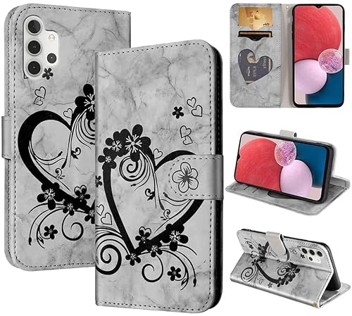 Jeffene Handyhülle für Samsung Galaxy A13 4G (6.6 Zoll) Hülle,Blume Liebe Herz Muster Marmor PU Leder Tasche Flip Case Cover Etui Brieftasche Schutzhülle Lederhülle Klapphülle-Schwarz von Jeffene