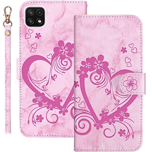 Jeffene Handyhülle für Samsung Galaxy A22 5G (6.6 Zoll) Hülle,Blume Liebe Herz Muster Marmor PU Leder Tasche Flip Case Cover Etui Brieftasche Schutzhülle Lederhülle Klapphülle-Rosa von Jeffene