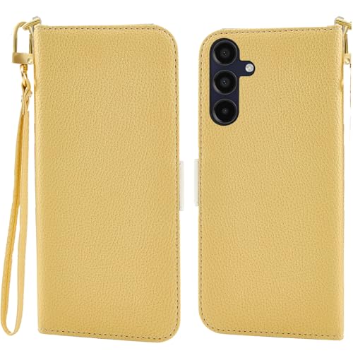 Jeffene Handyhülle für Samsung Galaxy A56 5G (6.7 Zoll) Klappbar,Tasche Ständer mit Magnetisch Klapphülle,Litschi Textur Leder Schutzhülle mit Geldtasche | Kartenfach Flip Cover Hülle,Gelb von Jeffene
