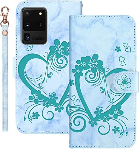 Jeffene Handyhülle für Samsung Galaxy S20 Ultra 5G (6.9 Zoll) Hülle,Blume Liebe Herz Muster Marmor PU Leder Tasche Flip Case Cover Etui Brieftasche Schutzhülle Lederhülle Klapphülle-Grün von Jeffene