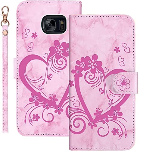 Jeffene Handyhülle für Samsung Galaxy S7 Edge (5.5 Zoll) Hülle,Blume Liebe Herz Muster Marmor PU Leder Tasche Flip Case Cover Etui Brieftasche Schutzhülle Lederhülle Klapphülle-Rosa von Jeffene