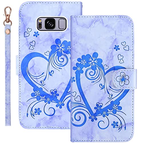 Jeffene Handyhülle für Samsung Galaxy S8+/Galaxy S8 Plus (6.2 Zoll) Hülle,Blume Liebe Herz Muster Marmor PU Leder Tasche Flip Case Cover Etui Brieftasche Schutzhülle Lederhülle Klapphülle-Blau von Jeffene