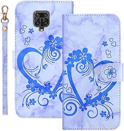 Jeffene Handyhülle für Xiaomi Redmi Note 9 Pro/Note 9 Pro Max/Note 9S(6.67 Zoll) Hülle,Blume Liebe Herz Muster Marmor PU Leder Etui Brieftasche Schutzhülle Lederhülle Klapphülle-Blau von Jeffene