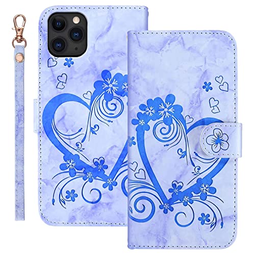 Jeffene Handyhülle für iPhone 11 Pro (5.8 Zoll) Hülle,Blume Liebe Herz Muster Marmor PU Leder Tasche Flip Case Cover Etui Brieftasche Schutzhülle Lederhülle Klapphülle-Blau von Jeffene
