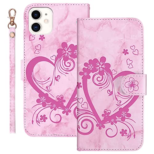 Jeffene Handyhülle für iPhone 12 Mini (5.4 Zoll) Hülle,Blume Liebe Herz Muster Marmor PU Leder Tasche Flip Case Cover Etui Brieftasche Schutzhülle Lederhülle Klapphülle-Rosa von Jeffene