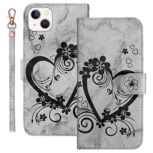 Jeffene Handyhülle für iPhone 13 (6.1 Zoll) Hülle,Blume Liebe Herz Muster Marmor PU Leder Tasche Flip Case Cover Etui Brieftasche Schutzhülle Lederhülle Klapphülle-Schwarz von Jeffene