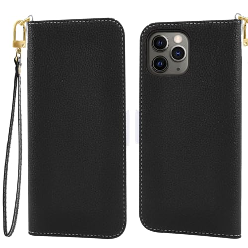 Jeffene Handyhülle für iPhone 13 Pro (6.1 Zoll) Klappbar,Tasche Ständer mit Magnetisch Klapphülle,Litschi Textur Leder Schutzhülle mit Geldtasche | Kartenfach Flip Cover Hülle,Schwarz von Jeffene