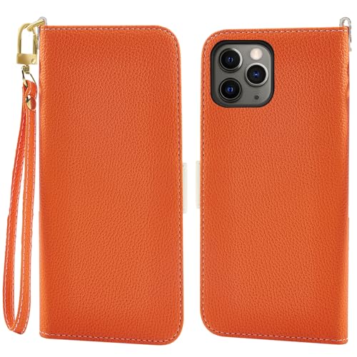 Jeffene Handyhülle für iPhone 13 Pro Max (6.7 Zoll) Klappbar,Tasche Ständer mit Magnetisch Klapphülle,Litschi Textur Leder Schutzhülle mit Geldtasche | Kartenfach Flip Cover Hülle,Orange von Jeffene