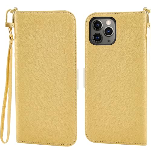 Jeffene Handyhülle für iPhone 14 Pro (6.1 Zoll) Klappbar,Tasche Ständer mit Magnetisch Klapphülle,Litschi Textur Leder Schutzhülle mit Geldtasche | Kartenfach Flip Cover Hülle,Gelb von Jeffene