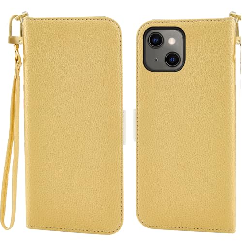 Jeffene Handyhülle für iPhone 15 Plus (6.7 Zoll) Klappbar,Tasche Ständer mit Magnetisch Klapphülle,Litschi Textur Leder Schutzhülle mit Geldtasche | Kartenfach Flip Cover Hülle,Gelb von Jeffene