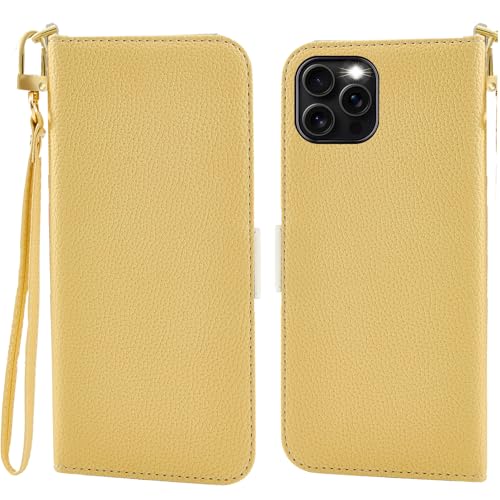 Jeffene Handyhülle für iPhone 16 Pro Max (6.9 Zoll) Klappbar,Tasche Ständer mit Magnetisch Klapphülle,Litschi Textur Leder Schutzhülle mit Geldtasche | Kartenfach Flip Cover Hülle,Gelb von Jeffene
