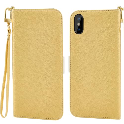 Jeffene Handyhülle für iPhone XS Max (6.5 Zoll) Klappbar,Tasche Ständer mit Magnetisch Klapphülle,Litschi Textur Leder Schutzhülle mit Geldtasche | Kartenfach Flip Cover Hülle,Gelb von Jeffene