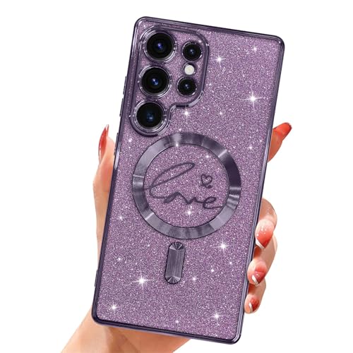 Jefonha Magnetisch für Samsung Galaxy S25 Ultra Glitzer Hülle, [Kompatibel mit Magsafe] Luxus Plating Love Heart Design, schlanke, stoßfeste weiche TPU-Schutzhülle für Frauen 6,9 Zoll - Lila von Jefonha