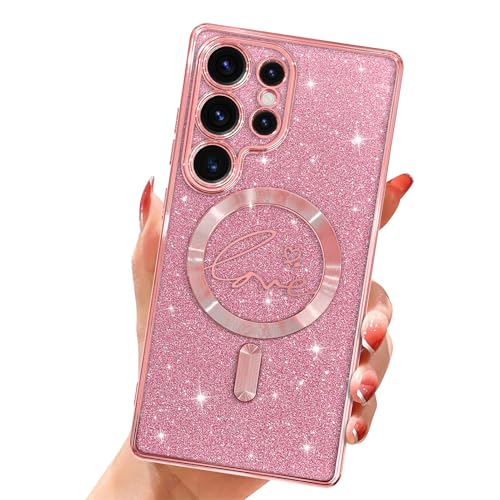 Jefonha Magnetisch für Samsung Galaxy S25 Ultra Glitzer Hülle, [Kompatibel mit Magsafe] Luxus Plating Love Heart Design, schlanke, stoßfeste weiche TPU-Schutzhülle für Frauen 6,9 Zoll - Rosa von Jefonha