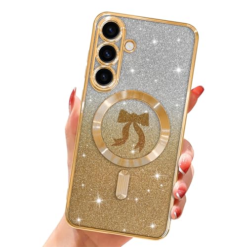 Jefonha Magnetisch für Samsung Galaxy S25 Plus Glitzer-Hülle, [Kompatibel mit Magsafe] Luxuriöse Plating Schleife Design, schlanke, stoßfeste weiche TPU-Schutzhülle für Frauen 6,7 Zoll - Gold von Jefonha