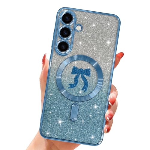 Jefonha Magnetisch für Samsung Galaxy S25 Ultra Glitzer Hülle, [Kompatibel mit Magsafe] Luxus Plating Schleife Design, schlanke, stoßfeste weiche TPU-Schutzhülle für Frauen 6,7 Zoll - Blau von Jefonha