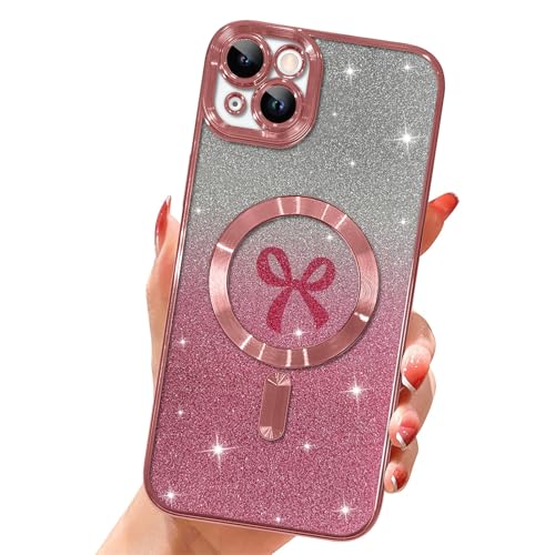 Jefonha Magnetisch für iPhone 14 Pro Max Hülle, [Kompatibel mit Magsafe] Bow Plating Bling Case Frauen Mädchen, Stoßfeste Weiche TPU Schutzhülle für iPhone 14 Pro Max 6,7 Zoll, Rosa von Jefonha