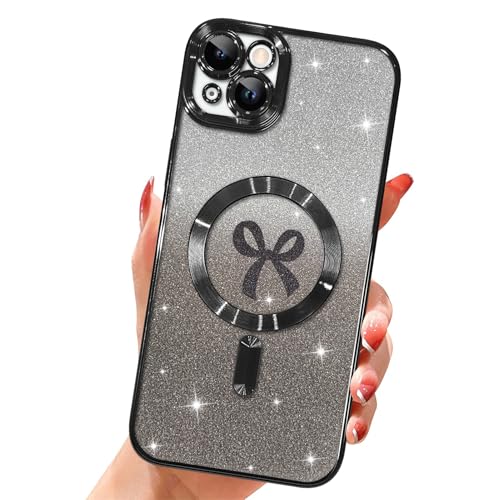 Jefonha Magnetisch für iPhone 14 Pro Max Hülle, [Kompatibel mit Magsafe] Bow Plating Bling Case Frauen Mädchen, Stoßfeste Weiche TPU Schutzhülle für iPhone 14 Pro Max 6,7 Zoll, Schwarz von Jefonha