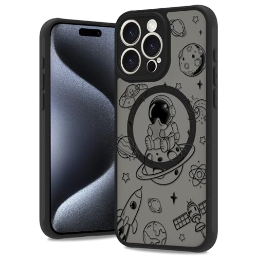 Jefonha Magnetische Hülle für iPhone 15 Pro Hülle für Männer Jungen, Coole Astronauten Handyhülle [Kompatibel mit Magsafe] Durchscheinend Matt Stoßfest Schutzhülle (Astronaut, Schwarz) von Jefonha