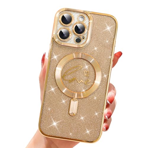Jefonha Magnetische Hülle für iPhone 16 Pro Max, [Kompatibel mit Magsafe] Luxus Plating Love Heart Design Frauen Mädchen, Stoßfeste Weiche TPU Schutzhülle Glitzer Hülle für iPhone 16 Pro Max 6,9 Zoll, von Jefonha