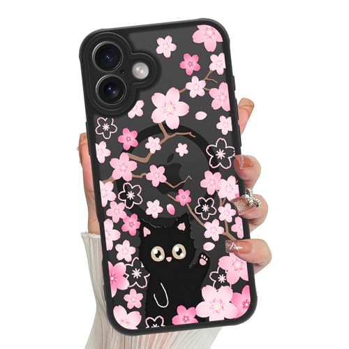 Jefonha Magnetische Schutzhülle für iPhone 16, für Frauen und Mädchen, kompatibel mit Magsafe, niedliche schwarze Katze, Kirschblüten, Blumen, Handyhülle, durchscheinend, matt, stoßfeste Abdeckung Jefonha Magnetische Schutzhülle für iPhone 16, für Frauen und Mädchen, kompatibel mit Magsafe, niedliche schwarze Katze, Kirschblüten, Blumen, Handyhülle, durchscheinend, matt, stoßfeste Abdeckung von Jefonha