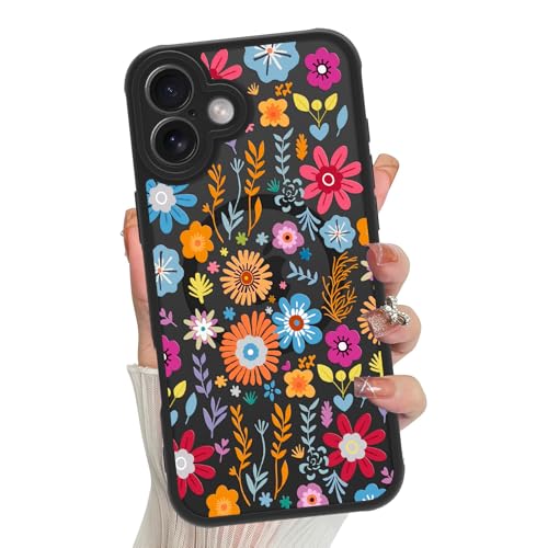 Jefonha Magnetische Schutzhülle für iPhone 16 Plus, für Damen und Mädchen, niedliches buntes Blumenmuster, kompatibel mit Magsafe, durchscheinende, matte, stoßfeste Handyhülle (Geheime Blume) von Jefonha