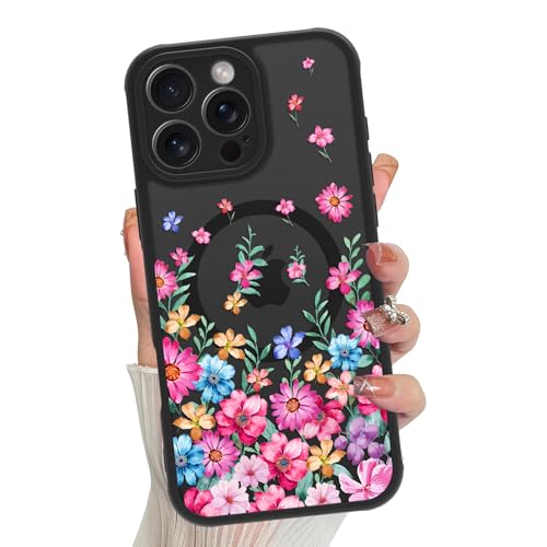 Jefonha Magnetische Schutzhülle für iPhone 16 Pro, für Damen und Mädchen, niedliches buntes Blumenmuster, kompatibel mit Magsafe, durchscheinende, matte, stoßfeste Handyhülle (blühende Blume) von Jefonha