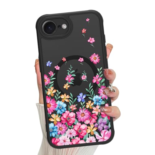 Jefonha Magnetische Schutzhülle für iPhone 16e, für Damen und Mädchen, niedliches buntes Blumenmuster, kompatibel mit Magsafe, durchscheinende, matte, stoßfeste Handyhülle, blühende Blume von Jefonha