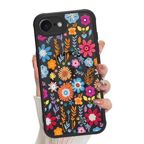 Jefonha Magnetische Schutzhülle für iPhone 16e, für Damen und Mädchen, niedliches buntes Blumenmuster, kompatibel mit Magsafe, durchscheinende, matte, stoßfeste Handyhülle (Geheime Blume) von Jefonha