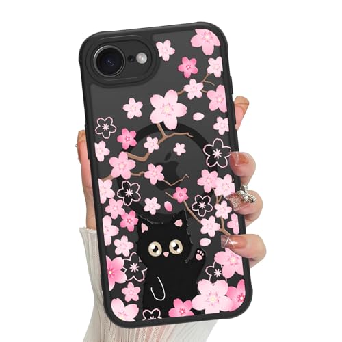Jefonha Magnetische Schutzhülle für iPhone 16e, für Frauen und Mädchen, kompatibel mit Magsafe, niedliche schwarze Katze, Kirschblüten, Blumen, durchscheinend, matt, stoßfeste Abdeckung (Katze und von Jefonha
