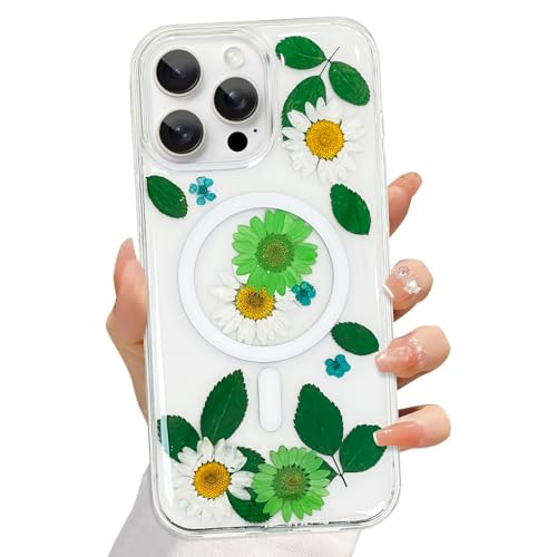 Jefonha Niedliche ästhetische Folral-Handyhülle für iPhone 15 Pro Max, transparent, für Mädchen und Frauen, glänzend, gepresste echte Blumen, kompatibel mit MagSafe, einzigartige, handgefertigte von Jefonha