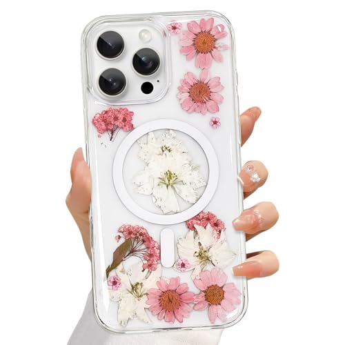 Jefonha Niedliche ästhetische Folral-Handyhülle für iPhone 16 Pro Max, transparent, für Mädchen und Frauen, glänzend, gepresste echte Blumen, kompatibel mit MagSafe, einzigartige, handgefertigte von Jefonha