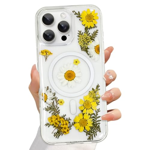Jefonha Niedliche ästhetische Folral-Handyhülle für iPhone 16 Pro Max, transparent, für Mädchen und Frauen, glänzend, gepresste echte Blumen, kompatibel mit MagSafe, einzigartige, handgefertigte von Jefonha