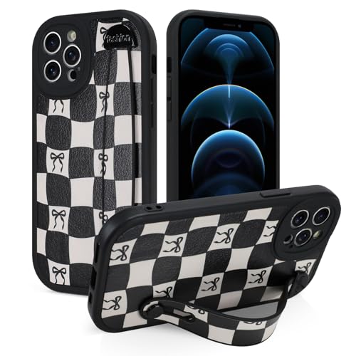 Jefonha Schutzhülle für iPhone 12 Pro mit Bandschlaufe, klassische karierte Schachbrettschleife, Handyhülle mit Fingerschlaufe und Ständer, stoßfeste Schutzhülle (Leder, kariertes Schwarz) von Jefonha