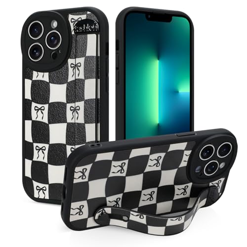 Jefonha Schutzhülle für iPhone 13 Pro Max mit Bandschlaufe, klassische karierte Schachbrettschleife Handyhülle mit Fingerschlaufe Kickstand, stoßfeste Schutzhülle (Leder, Kariertes Schwarz) von Jefonha