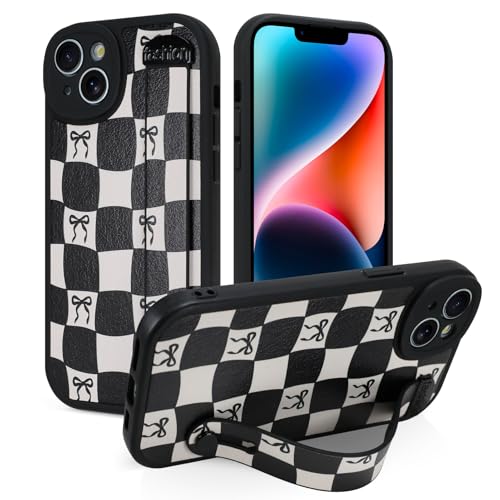 Jefonha Schutzhülle für iPhone 14 Plus mit Bandschlaufe, klassische karierte Schachbrettschleife, Handyhülle mit Fingerschlaufe und Ständer, stoßfeste Schutzhülle (Leder, kariertes Schwarz) von Jefonha