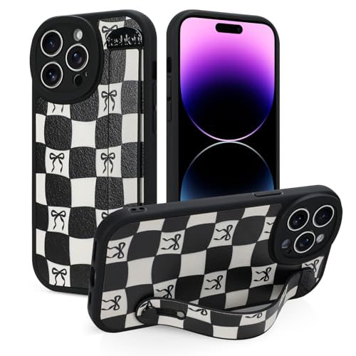 Jefonha Schutzhülle für iPhone 14 Pro Max mit Bandschlaufe, klassische karierte Schachbrettschleife Handyhülle mit Fingerschlaufe Kickstand, stoßfeste Schutzhülle (Leder, kariertes Schwarz) von Jefonha