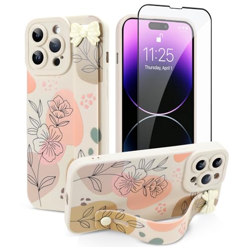 Jefonha Schutzhülle für iPhone 14 Pro Max mit Fingerschlaufe, Ständer, niedliche ästhetische Schleife, Blumen, Handyhülle für Mädchen und Frauen, mit Displayschutzfolie, strapazierfähiges Silikon von Jefonha