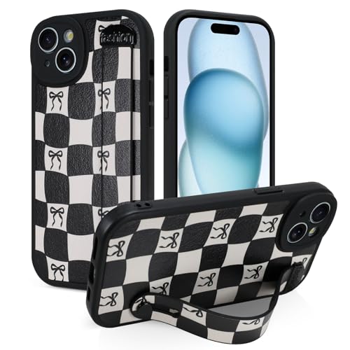 Jefonha Schutzhülle für iPhone 15 Plus mit Bandschlaufe, klassische karierte Schachbrettschleife, Handyhülle mit Fingerschlaufe und Ständer, stoßfeste Schutzhülle (Leder, kariertes Schwarz) von Jefonha