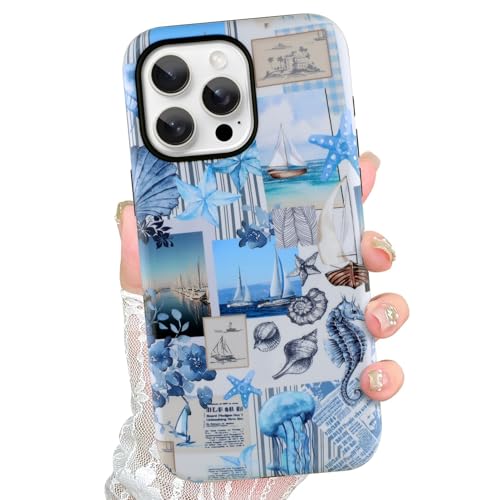Jefonha Schutzhülle für iPhone 15 Pro Max, niedlich, ästhetisch, für Damen und Mädchen, klassisch, Retro, Westernblau, Ozean, Muschel, Costal Collage, Sommer, stoßfeste Schutzhülle Jefonha Schutzhülle für iPhone 15 Pro Max, niedlich, ästhetisch, für Damen und Mädchen, klassisch, Retro, Westernblau, Ozean, Muschel, Costal Collage, Sommer, stoßfeste Schutzhülle von Jefonha
