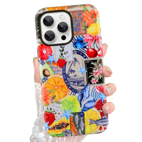 Jefonha Schutzhülle für iPhone 15 Pro Max, niedlich, ästhetisch, für Frauen und Mädchen, klassischer Retro-Stil, Westernfruchtstempel, Muschel, Costal Collage, Sommer-Telefonhülle, kompatibel mit von Jefonha