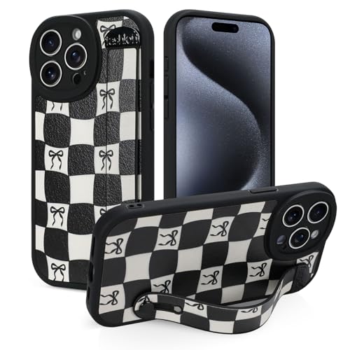 Jefonha Schutzhülle für iPhone 15 Pro Max mit Bandschlaufe, klassische karierte Schachbrettschleife, Handyhülle mit Fingerschlaufe und Ständer, stoßfeste Schutzhülle (Leder, kariertes Schwarz) von Jefonha