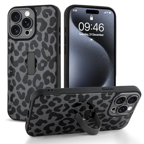 Jefonha Schutzhülle für iPhone 15 Pro Max mit Finger-Handschlaufe und Ständer, trendige, coole Leaopard-Geparden-Druck-Handyhülle für Damen und Herren, vollständiger Kameraschutz, stoßfeste von Jefonha
