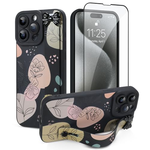 Jefonha Schutzhülle für iPhone 15 Pro Max mit Fingerschlaufe, Ständer, niedliche ästhetische Schleife, Blumen, Handyhülle für Mädchen und Frauen, mit Displayschutzfolie, strapazierfähiges, stoßfestes von Jefonha