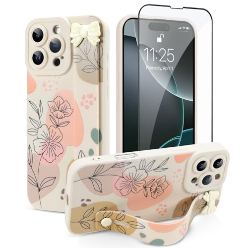 Jefonha Schutzhülle für iPhone 16 Pro Max mit Fingerschlaufe, Ständer, niedliche ästhetische Schleife, Blumen, Handyhülle für Mädchen und Frauen, mit Displayschutzfolie, strapazierfähiges Silikon von Jefonha
