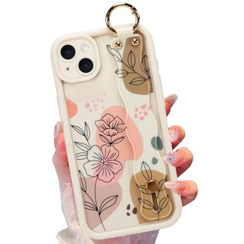 Jefonha Silikon Hülle für iPhone 15 Hülle mit Band Loopy, Niedliche Blume Floral Handyhülle für Mädchen Frauen, Verstellbarer Fingerschlaufe Stoßfeste Schutzhülle (Morandi Blume, Beige) von Jefonha