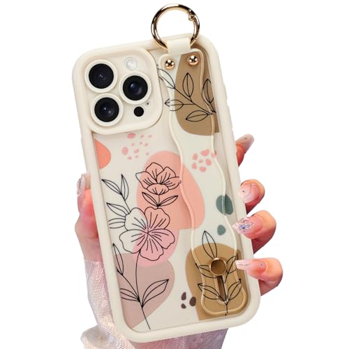 Jefonha Silikon Hülle für iPhone 15 Pro Max Hülle mit Band Loopy, Niedliche Blume Floral Handyhülle für Mädchen Frauen, Verstellbarer Fingerschlaufe Stoßfeste Schutzhülle (Morandi Blume, Beige) von Jefonha