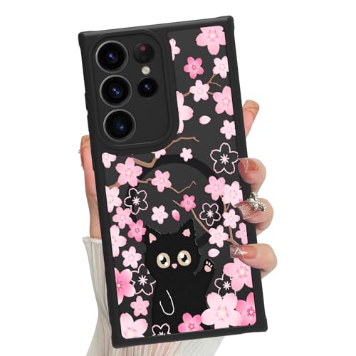 Magnetische Hülle für Samsung Galaxy S23 Ultra für Frauen und Mädchen [Kompatibel mit Magsafe] Niedliche schwarze Katze Kirschblüten Blumen Floral Handyhülle, durchscheinend matt stoßfeste Abdeckung von Jefonha