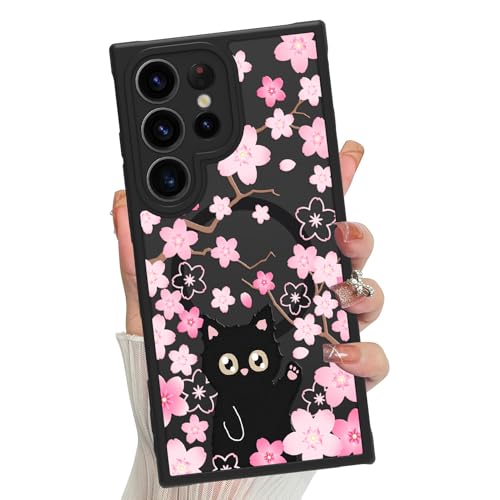 Magnetische Hülle für Samsung Galaxy S24 Ultra für Frauen und Mädchen [Kompatibel mit Magsafe] Niedliche schwarze Katze Kirschblüten Blumen Floral Handyhülle Transluzent Matt Stoßfest Cover (Katze von Jefonha